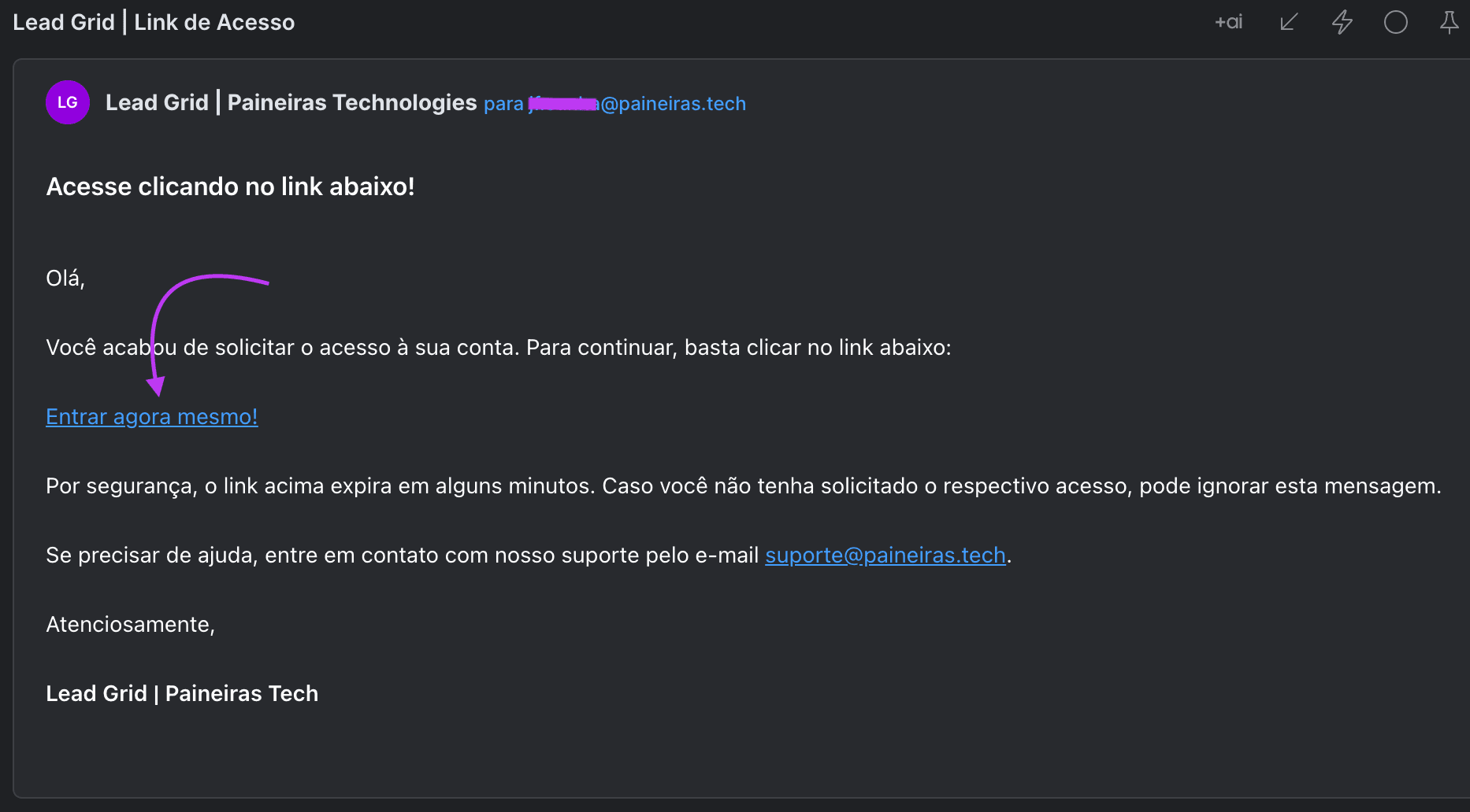 Vá ao seu e-mail e procure a mensagem mais recente do Lead Grid