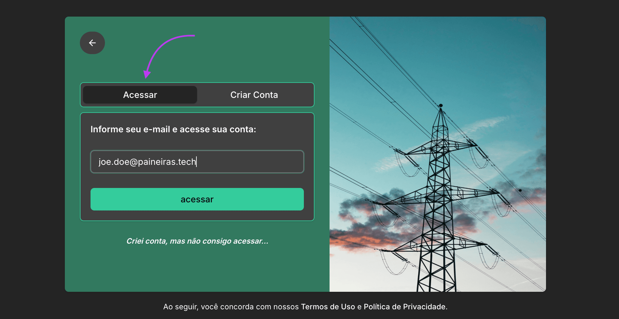 Preencha o formulário de login